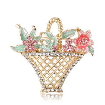 Crystal Flower Basket Brooch With Pastel Enamel Leaves shown from the front on a white background