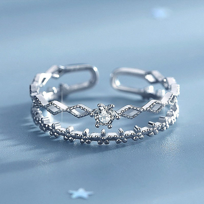 Silver Dual Open Adjustable Ring Floral Lattice Clear Stone
