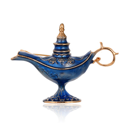 Front product view of the genie lamp brooch pin in blue and gold