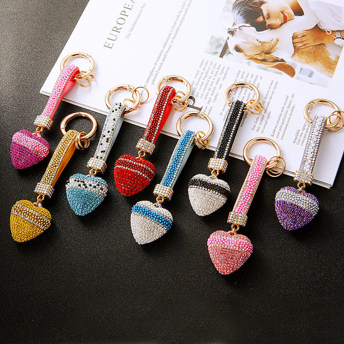 Striped Band Crystal Heart Keychains with Straps and Plain Options