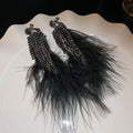 Black Rhinestone Chain Tassel Feather Clip Earrings view 6