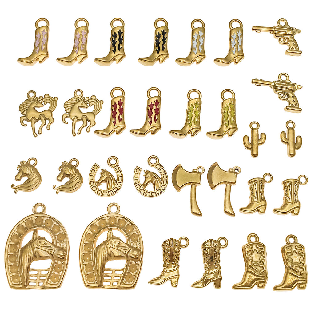Enamel Stainless Steel Cowboy Hat Boot Cactus Gun Charm Pendant for DIY Necklace Jewelry