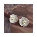 White Fabric Lace Flower Stud Earrings Cream Metal Center view 3