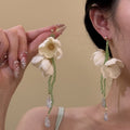 Ivory Fabric Flower Crystal Chain Drop Earrings For Women view 1