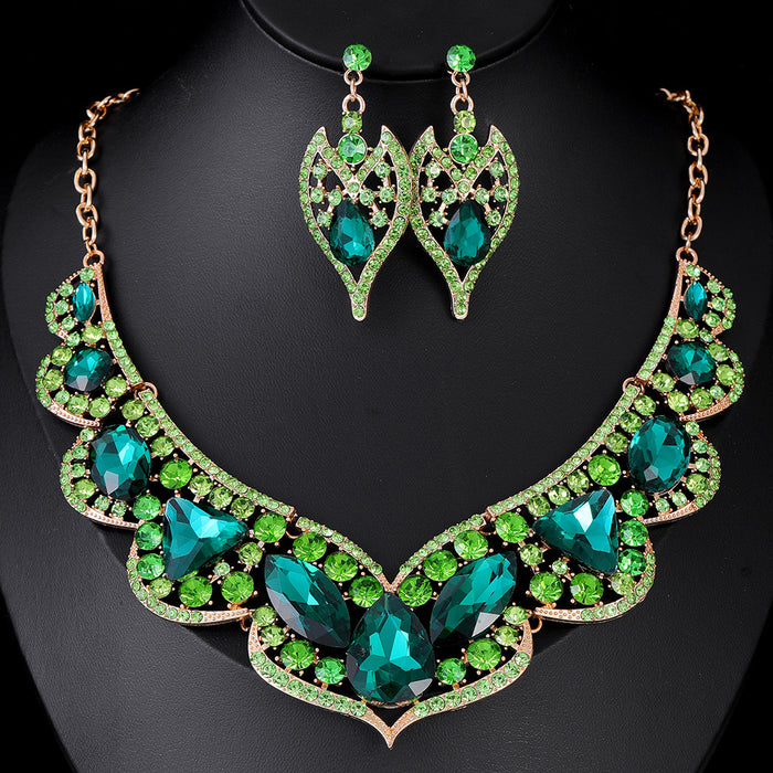 Black Silver Tone Green Crystal Wing Collar Four Designs Metal Necklace and Earring Set