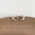 Gold C-Curve White Flower Pearl Clear CZ Stud Earrings view 4