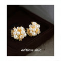 Gold Pearl Firework Cluster Stud Earrings Clear Crystal Accents view 3