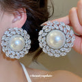 Crystal Halo Pearl Statement Stud Earrings Fashion Jewelry view 3