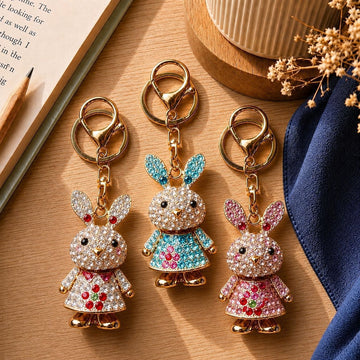 Rhinestone Rabbit Dress Keychain Gold Metal Bag Charm
