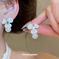 Gradient Flower and Pearl Drop Earrings in Three Colors view 4