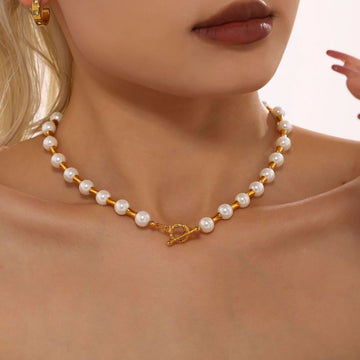 Gold Bamboo Spacer Beaded Necklace OT Toggle Clasp Pearl Agate Tiger Eye