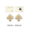 Gold Iris Flower Pearl Cluster Clear CZ Stud Earrings view 3