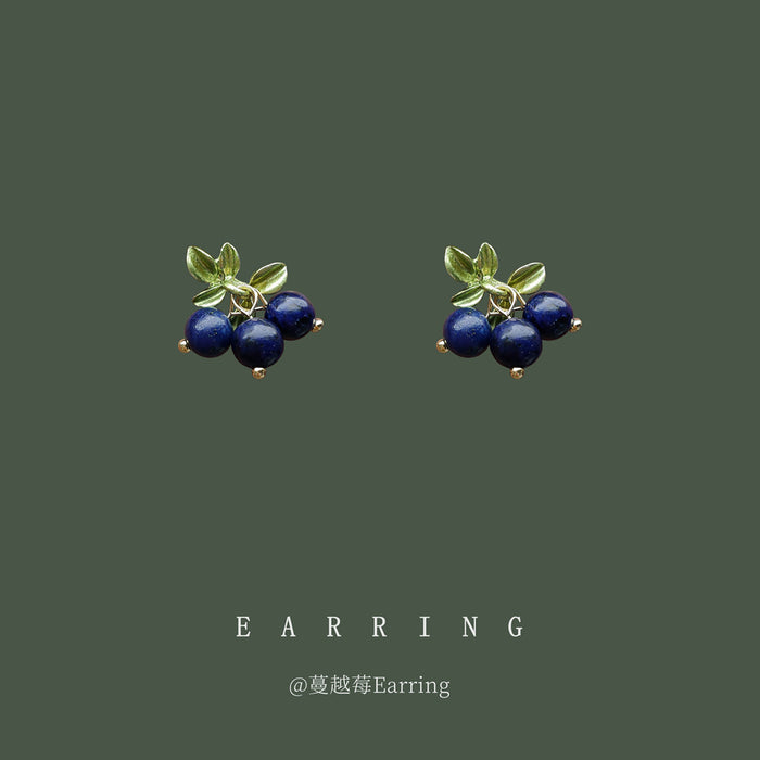 Blue Berry Cluster Stud Earrings Green Leaf Accents
