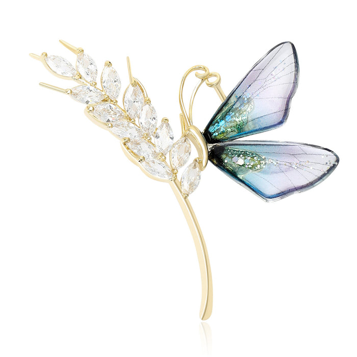 Butterfly and Wheat Stem Brooch with Clear Crystals