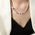 Multicolor Stone Pearl Beaded Necklace Gold Spacer Accents view 6