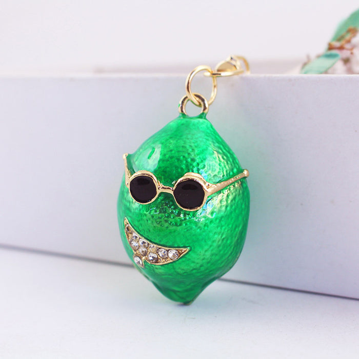 Green Lemon with Glasses Rhinestone Keychain Zinc Alloy Car Key Charm