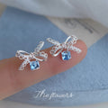 Silver Crystal Lace Bow Light Blue Cube Drop Stud Earrings view 1