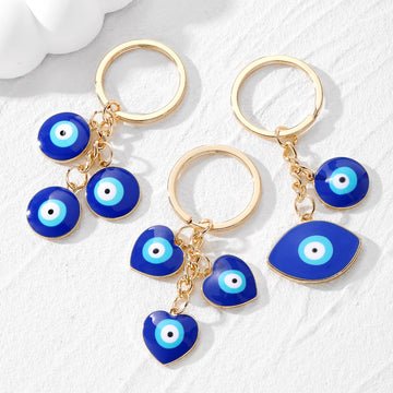 Gold Tone Triple Blue Evil Eye Split Ring Keychains