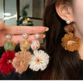 Pearl Stud Yarn Ball and Knitted Flower Drop Earrings view 1