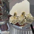 White Floral Cluster Drop Earrings with Gold Tone Tops view 4