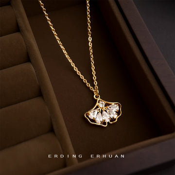 Gold Ginkgo Fan Pendant Necklace with Clear Crystal Detail