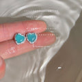 Silver Tone Heart Stud Earrings Teal Stone Crystal Halo view 2