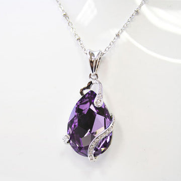 Silver Tone Purple Teardrop Crystal Pendant Necklace
