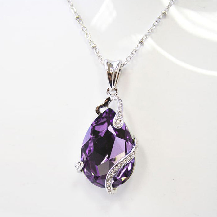 Silver Tone Purple Teardrop Crystal Pendant Necklace