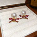 Red Fabric Flower and Bow Pearl Stud Earrings in Two Designs view 6