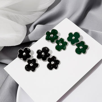 Black Green Enamel Flower Stud Earrings Silver Rim Center
