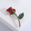 Rhinestone Rose Brooch Green Leaf Gold Stem Purple Red Pin view 3