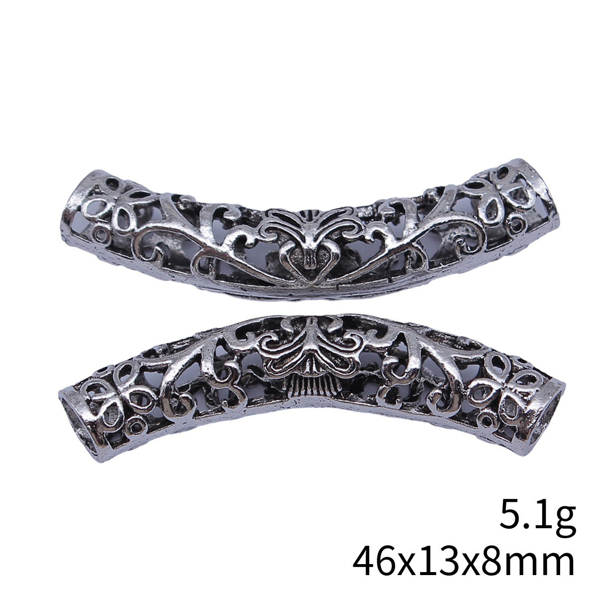 46x13x8mm 5.1g Antique Silver Zinc Alloy Rattan Bracelet Curved Tube Spacer Beads for Jewelry Making