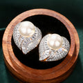Silver Tone Leaf and Faux Pearl Crystal Stud Earrings view 2