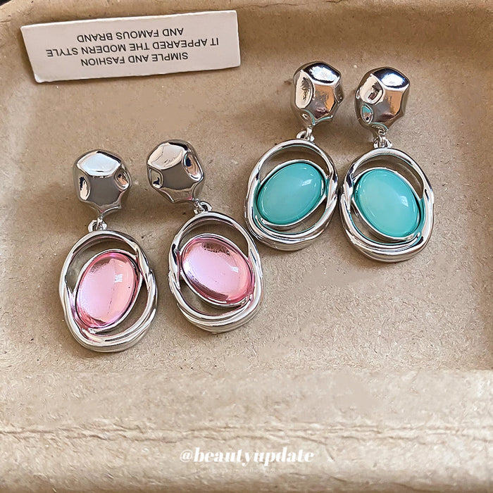 Oval Acrylic Drop Silver Tone Stud Earrings In Two Colors