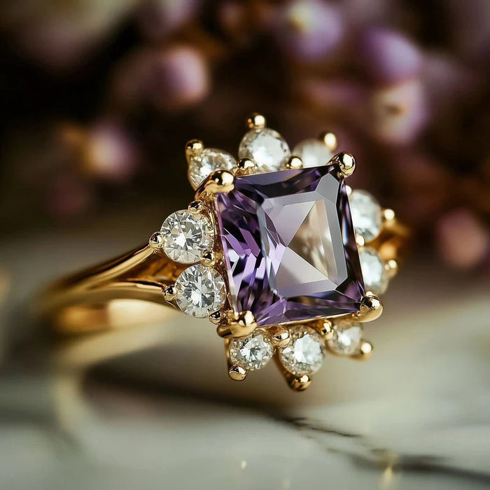 Gold Purple Square Sunburst Halo Cubic Zirconia Ring