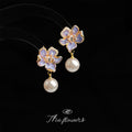 Lavender Enamel Orchid Flower Zircon Pearl Drop Stud Earrings view 4