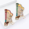 Cat Playing Harp Brooch Rhinestone Enamel Gold Tone Two Colors view 2