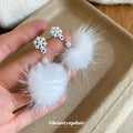 White Faux Pearl Snowflake Pom Pom Drop Stud Earrings view 4