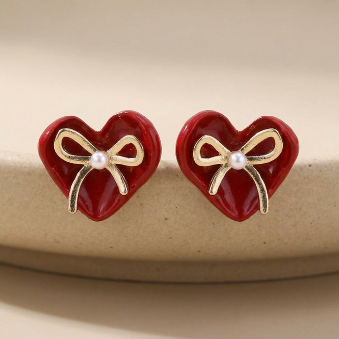 Red Heart Bow Pearl Look Delicate Small Stud Earrings