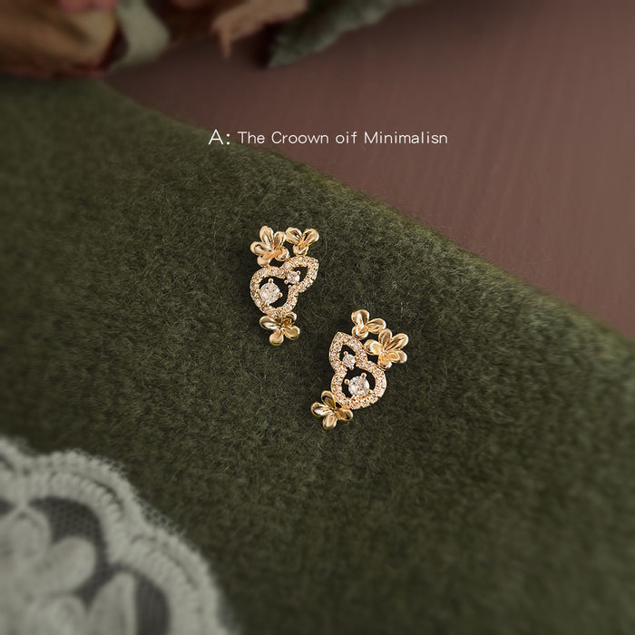 Gold Gourd Stud Earrings Pave Stones Floral Accents