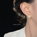 Gold Tone Open Circle White Pearl Stud Earrings Metal Frame view 2