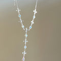 Silver Cross Y Drop Necklace Aurora Crystal Cross Tassel view 6