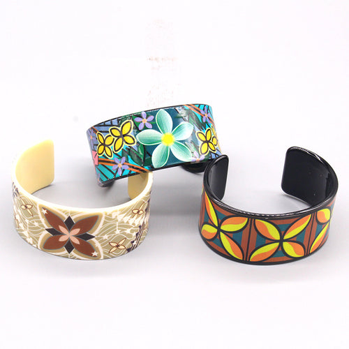 Main product view of wide Floral Print Acrylic Open Cuff Bracelets in Three Colors