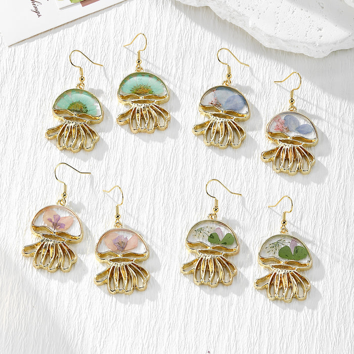 Gold Tone Jellyfish Pressed Flower Drop Earrings in Four Designs