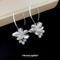 Silver Pearl Grape Cluster Long Hook Earrings with Polished Metal Details view 4