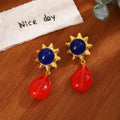 Gold Sun Flower Drop Earrings Red Teardrop Blue Green view 4