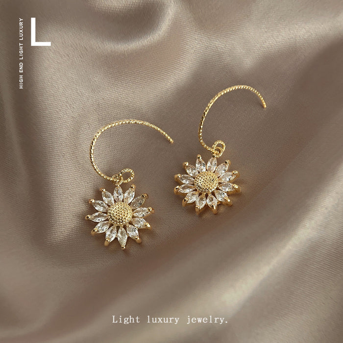 Gold Sunflower Zirconia Earrings Hook Style Clear CZ