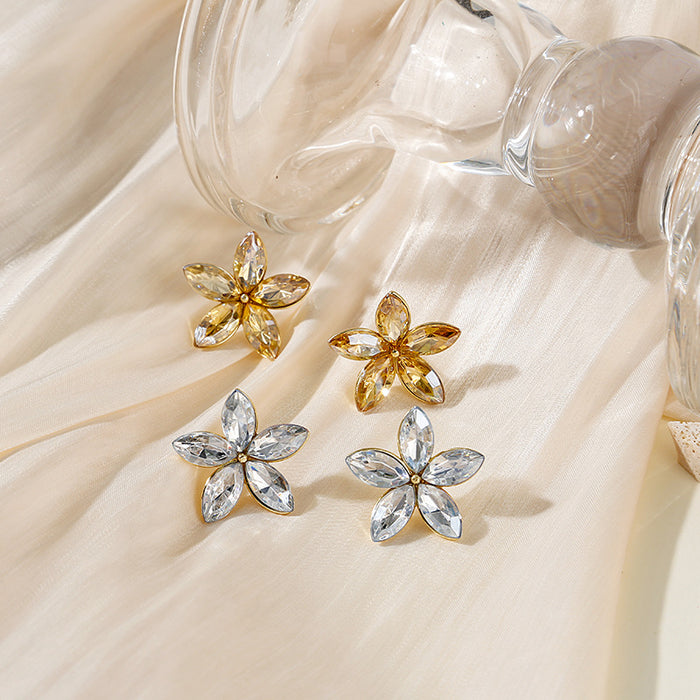 Marquise Rhinestone Flower Petal Stud Earrings Gold Clear