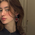 Dark Crystal Floral Statement Earrings in Red and Black view 3