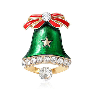 Green Enamel Christmas Bell Brooch with Red Bow and Clear Stones